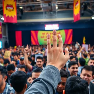 Crowd reacting to a controversial gesture at a political event