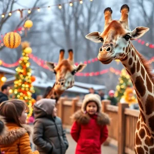 Families watching a giraffe at Riverbanks Zoo during Free Fridays event