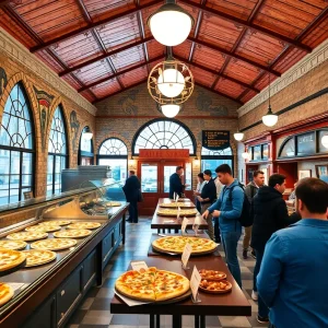 Interior of Ferrara Real N.Y. Pizza and Pasta with a train station theme