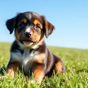 Nine-month-old puppy Freddy in a grassy field