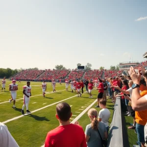 Exciting high school football game with fans cheering