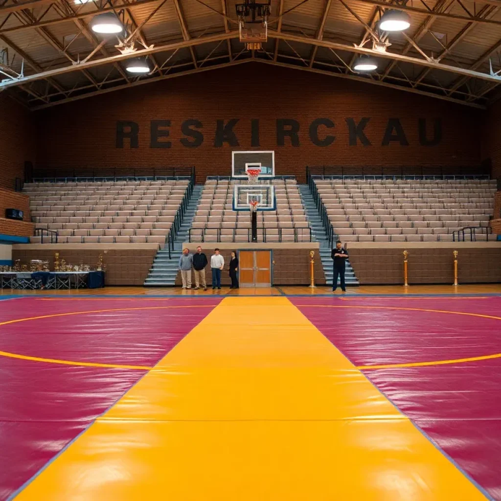 Empty wrestling mat in Irmo Middle School gymnasium