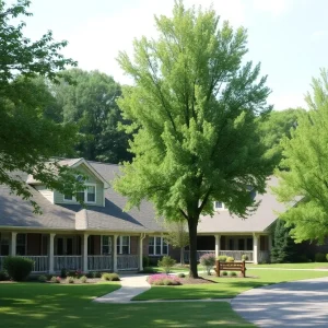 Exterior view of Jenni-Lynn Assisted Living Facility with gardens and trees