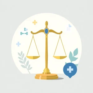 Abstract illustration of justice and healthcare themes.