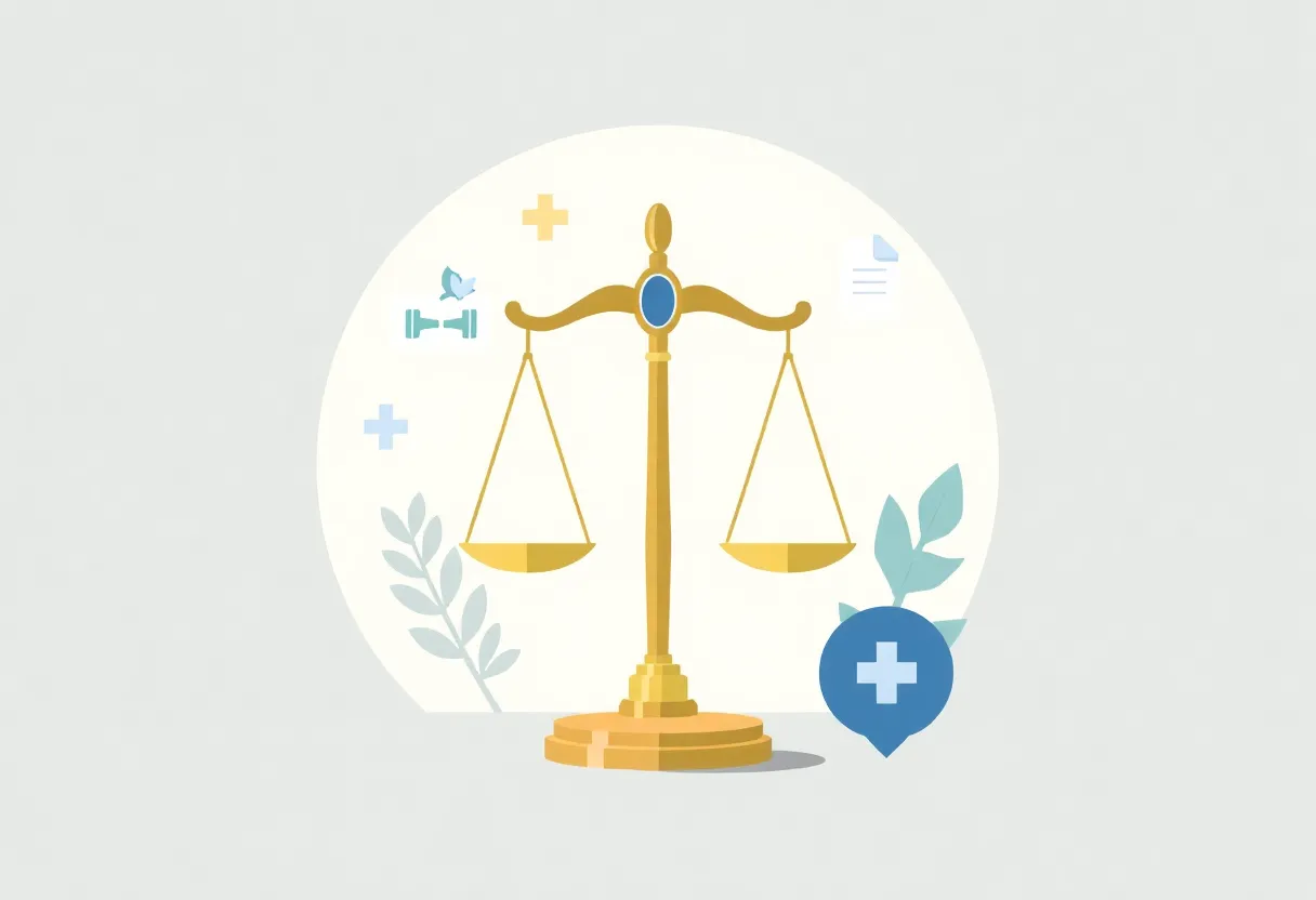 Abstract illustration of justice and healthcare themes.