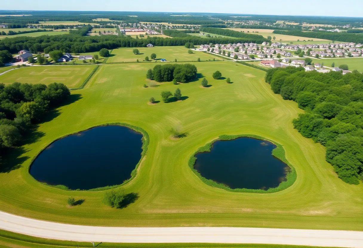 Illustration of the proposed housing development in Lexington County with green spaces and ponds.