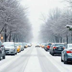 Snow-covered street in Lexington, South Carolina