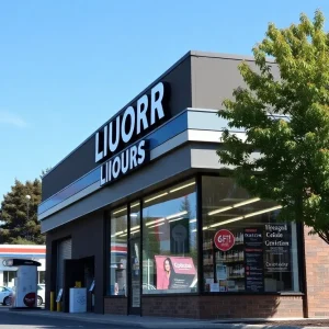 Render of a proposed liquor store next to a gas station on Rosewood Drive