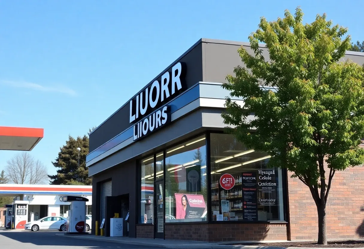 Render of a proposed liquor store next to a gas station on Rosewood Drive