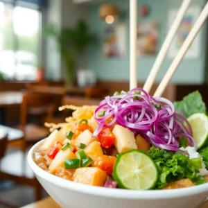 Colorful poke bowl with fresh ingredients at Mai Poke