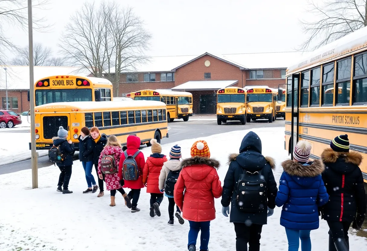 Snow-covered school with students in winter attire