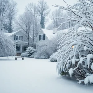 Snow-covered trees and a home during a winter storm in Midlands, South Carolina