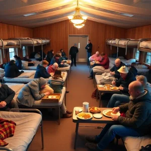 People being served hot meals in a warming shelter during winter.