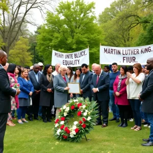 Community gathering for Martin Luther King Jr Day commemoration at the park