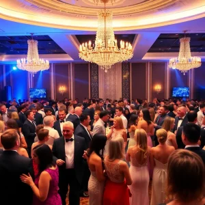 Guests enjoying the Newberry Annual Ball in a beautifully decorated ballroom.