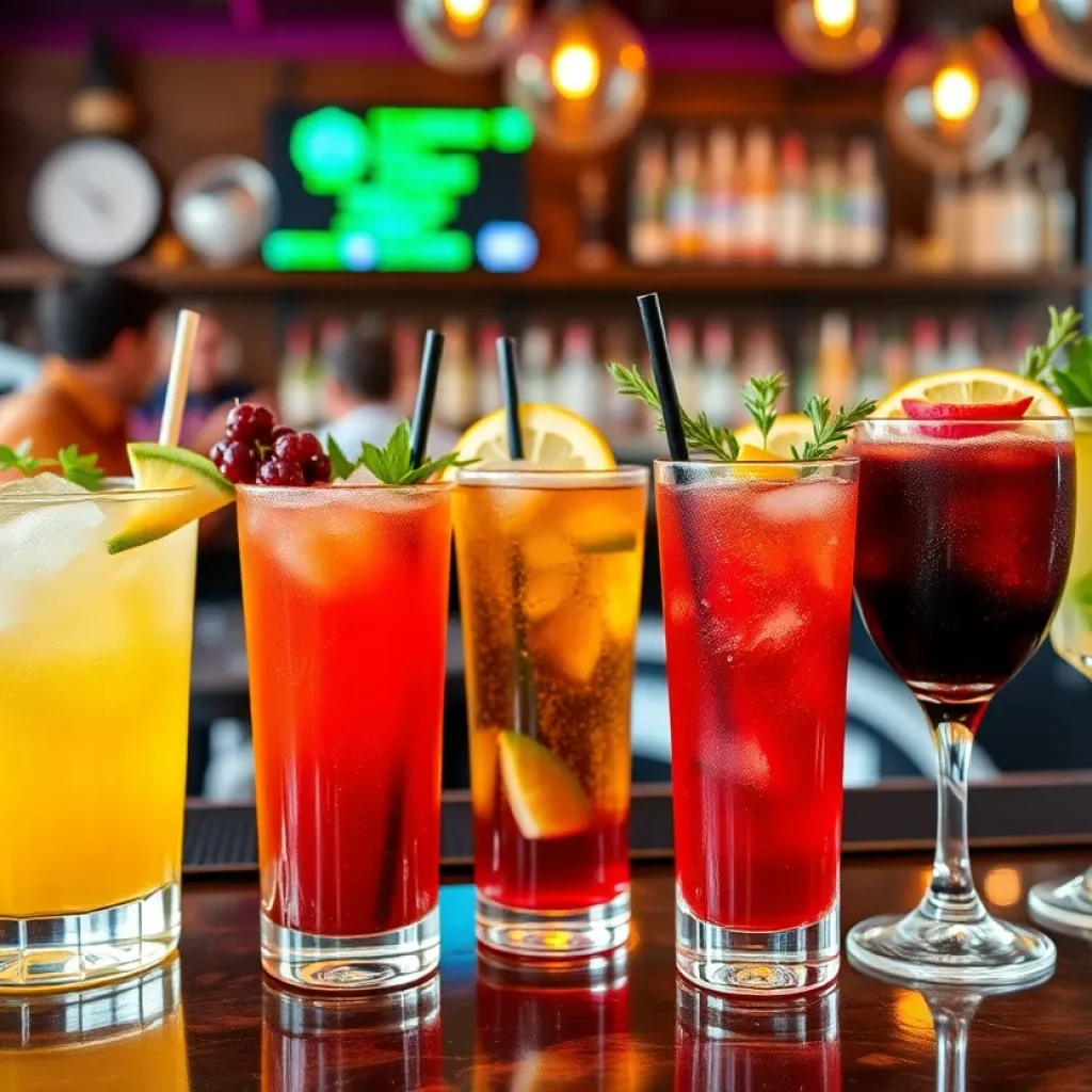 Non-alcoholic beverages displayed in stylish glasses at a bar