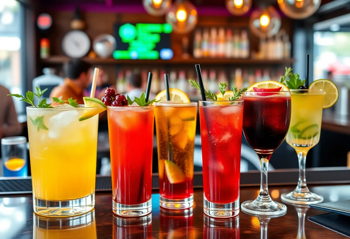 Non-alcoholic beverages displayed in stylish glasses at a bar