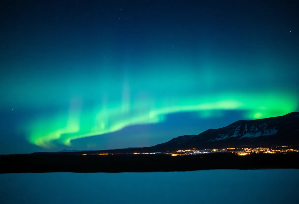 Northern Lights glowing in the night sky over a snowy landscape