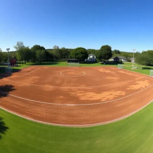 Athletic field in Owens Field Park with fire damage