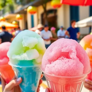 A variety of colorful New Orleans-style snoballs served in cups.