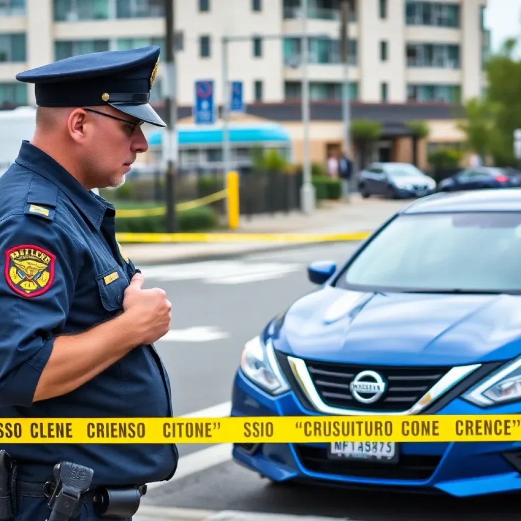 Police examining evidence at a crime scene in Lexington with a blue Nissan Altima in view