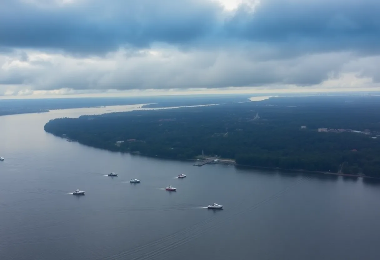 Aerial view showing the Potomac River and rescue operations following an aviation collision.