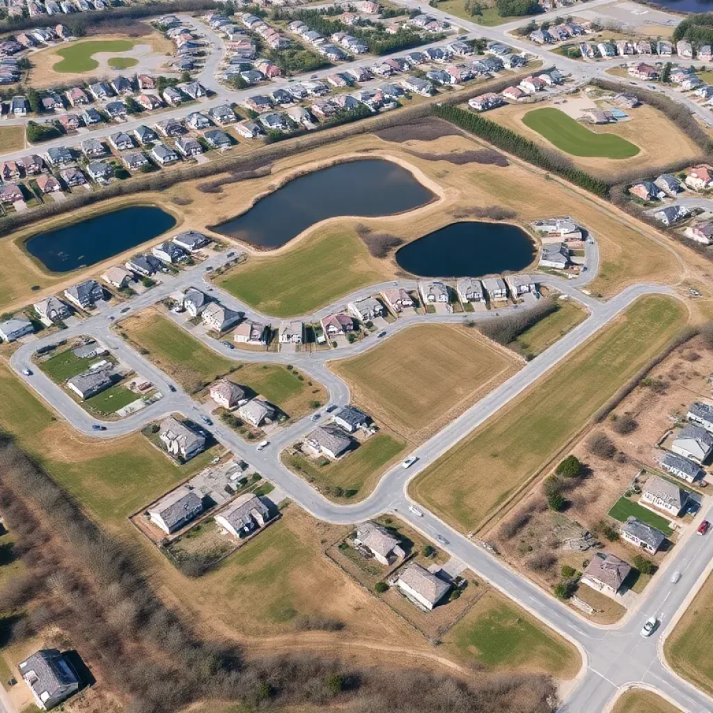 Aerial view of a 193-home subdivision proposal with green spaces.