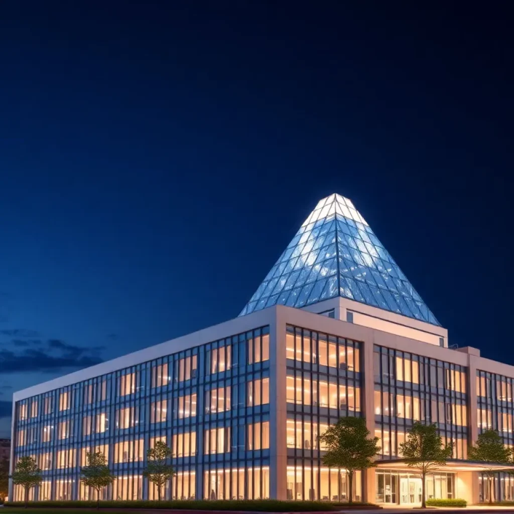 Rendering of an office building in Columbia with a bright illuminated pyramid on top.