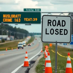 Road closure sign indicating I-26 exit 97 in Irmo, SC