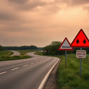 A rural road with safety warning signs