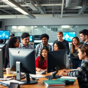 Interns working in a collaborative newsroom environment