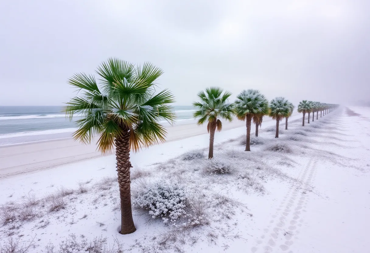 Snow falling on Gulf Coast beaches with palm trees