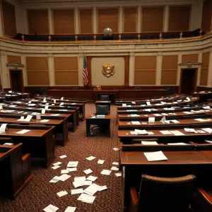 Empty desks in the South Carolina legislative chamber representing political change