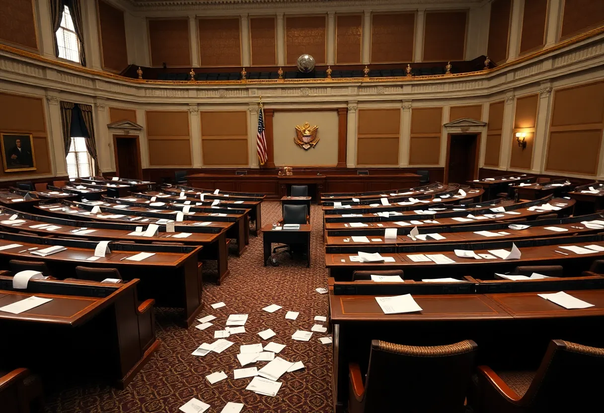 Empty desks in the South Carolina legislative chamber representing political change