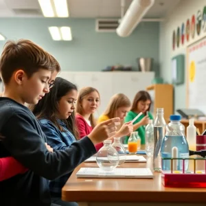 Students collaborating on a science project in a classroom