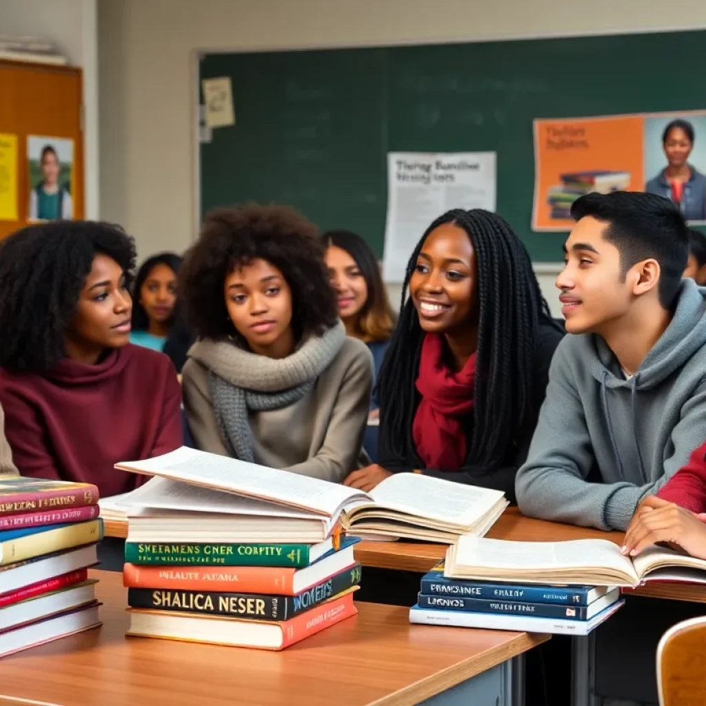 Students in a classroom discussing literature about race and identity.