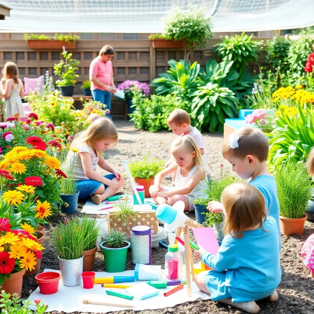 Children participating in a summer art program in a garden setting.