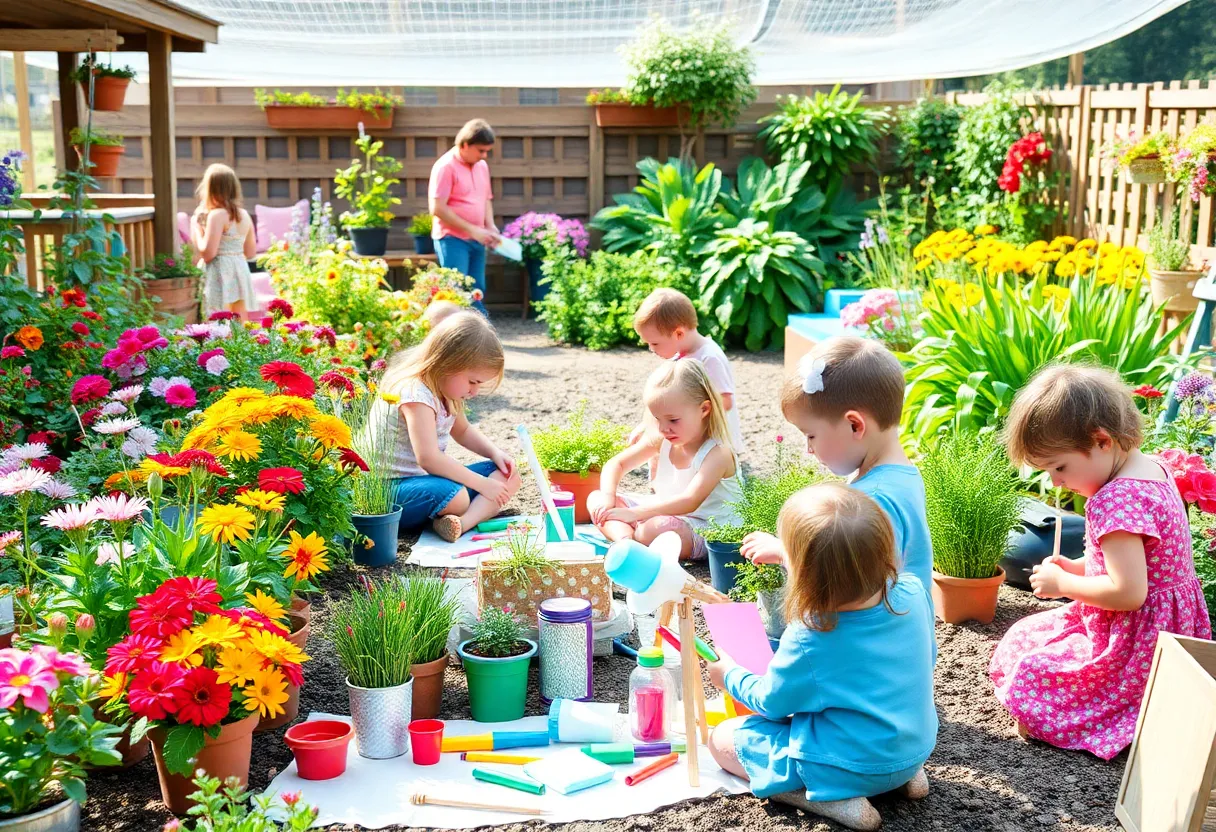 Children participating in a summer art program in a garden setting.