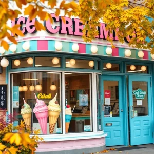 Exterior view of Sweet Izzy's ice cream shop with autumn decor