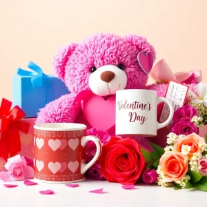 A Valentine's Day gift package featuring a stuffed bear, a Fireflies mug, flowers, and tickets.