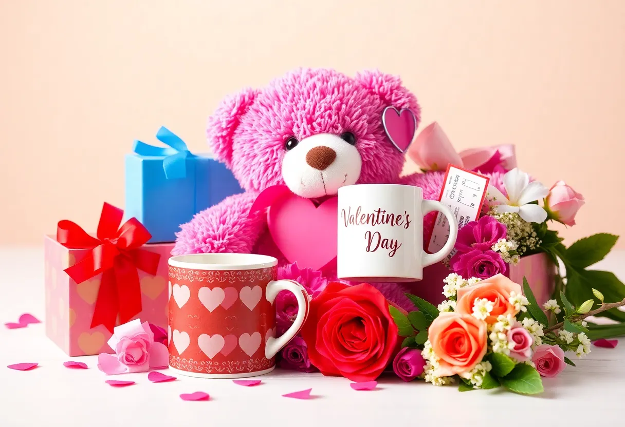 A Valentine's Day gift package featuring a stuffed bear, a Fireflies mug, flowers, and tickets.