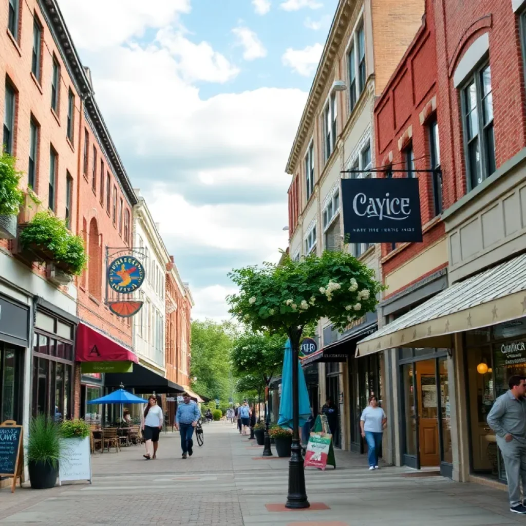 A collage image contrasting the bustling atmosphere of West Columbia with the serene charm of Cayce's retail area.