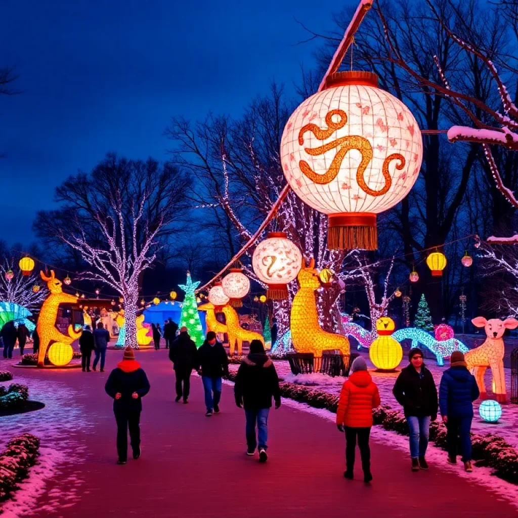 Brightly lit holiday lanterns at Riverbanks Zoo during the Wild Lights event