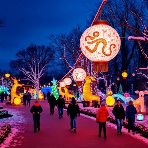 Brightly lit holiday lanterns at Riverbanks Zoo during the Wild Lights event