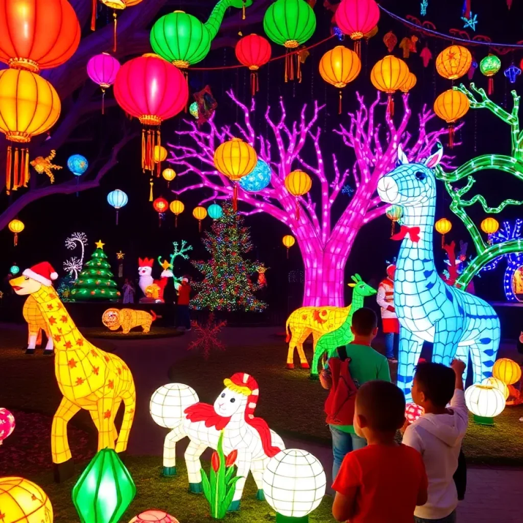 Illuminated holiday display at Riverbanks Zoo during Wild Lights event