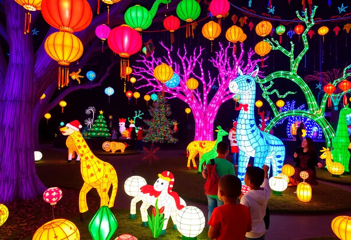 Illuminated holiday display at Riverbanks Zoo during Wild Lights event