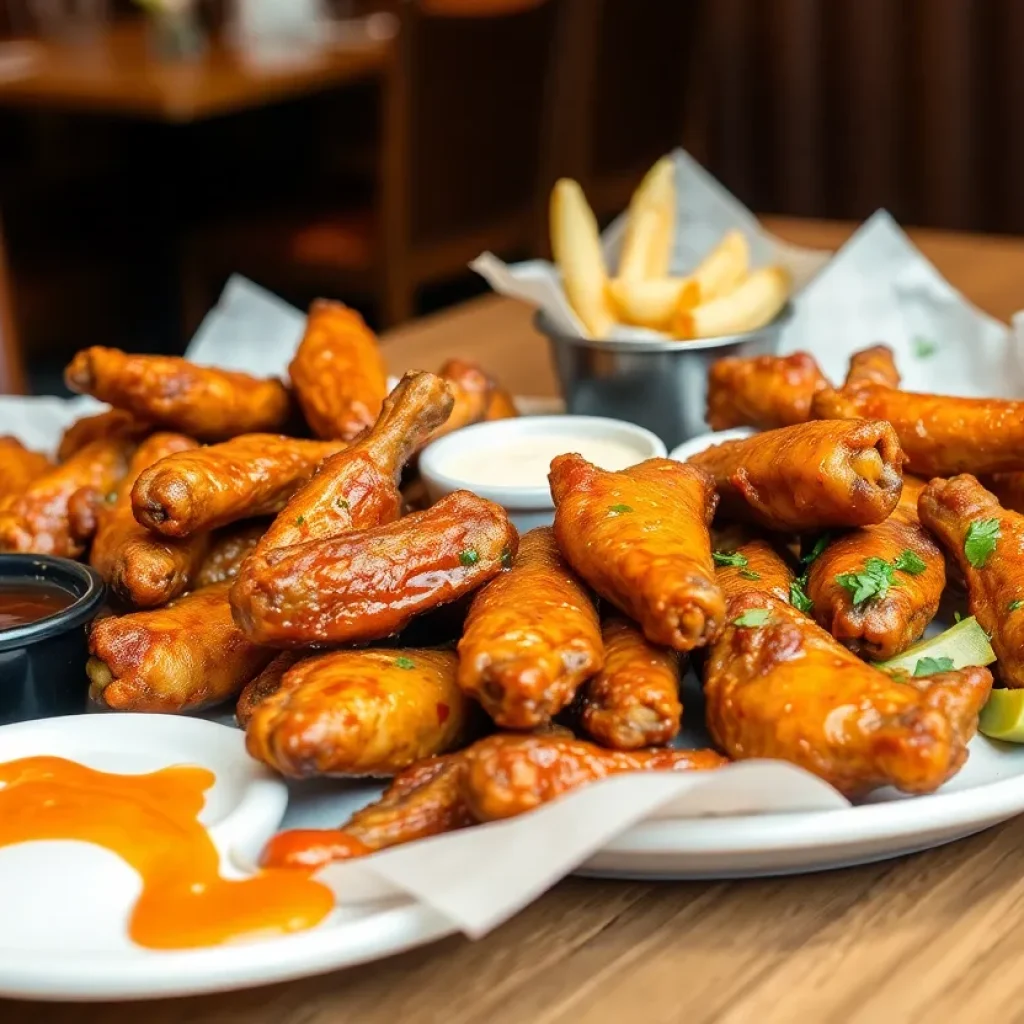 Spread of chicken wings and sides at Wingstop