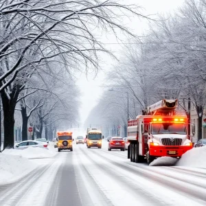 Snow-covered streets and public services in Columbia during the winter storm.