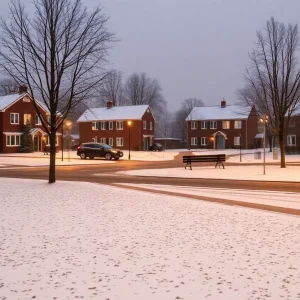 Snowy scene of a winter wonderland in the Midlands with bare trees and snow-covered ground.