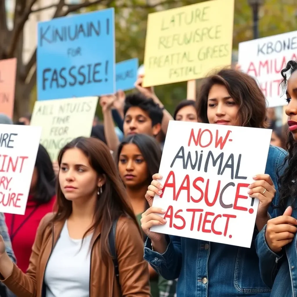 Community members holding signs for animal rights